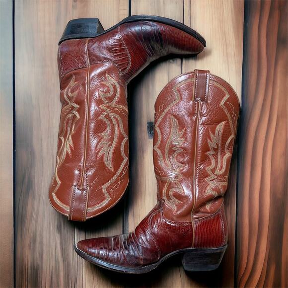 JUSTIN Exotic Teju Lizard Skin Mens Size 8.5 D Cowboy Boots Western Cognac USA